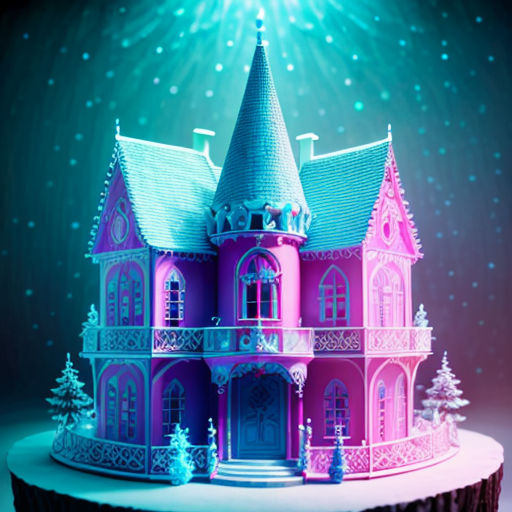 a pink and blue house on a cake with a star above it and snow on the ground below it