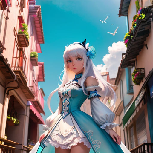 a woman in a blue dress is standing in a street with buildings and a plane in the sky behind her