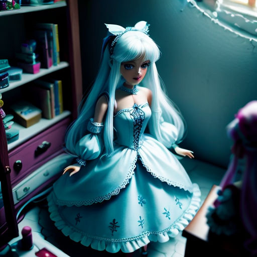 a doll is sitting in a room with a book shelf and a dresser with a doll on it and a window