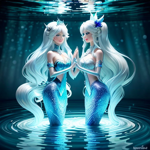 two mermaids are standing in the water with their tails spread out and their tails are curled up and their tails are curled