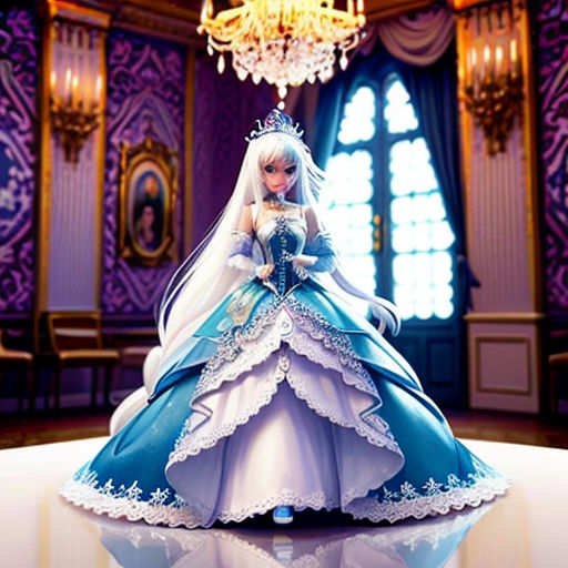 a doll is dressed in a blue and white dress and a chandelier is hanging from a ceiling