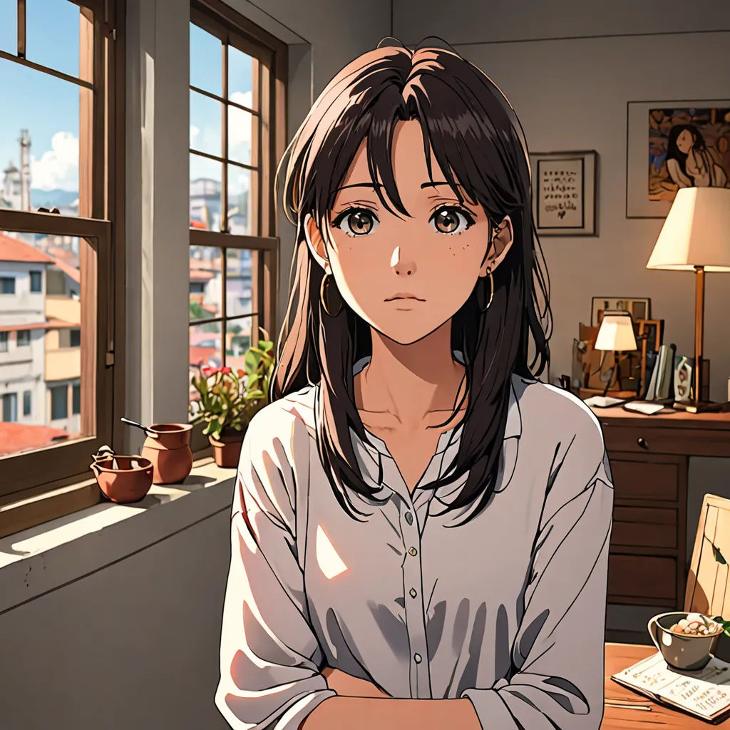 a woman standing in a room with a window looking out at the city and a desk with a computer, sots art, a character portrait, Chizuko Yoshida, official art