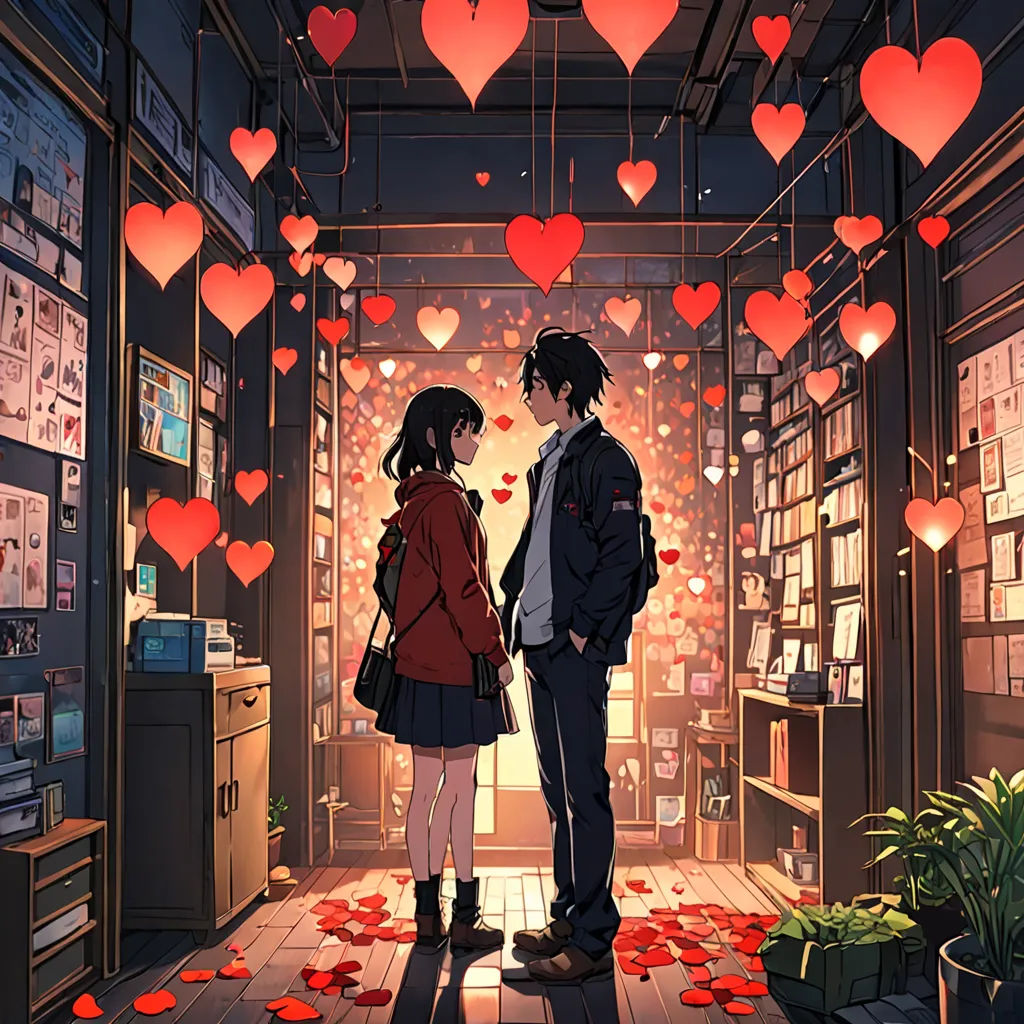 a couple of people standing in a room with hearts hanging from the ceiling and a lot of red hearts, romanticism, a detailed drawing, Artgerm, official art