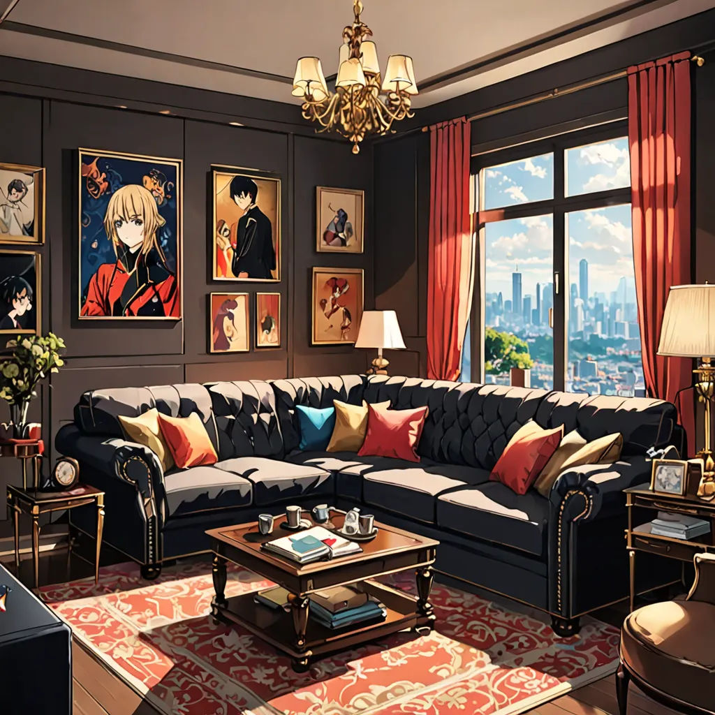 a living room with a couch, coffee table, and a chandelier in it's center, sots art, a painting, Artgerm, official art