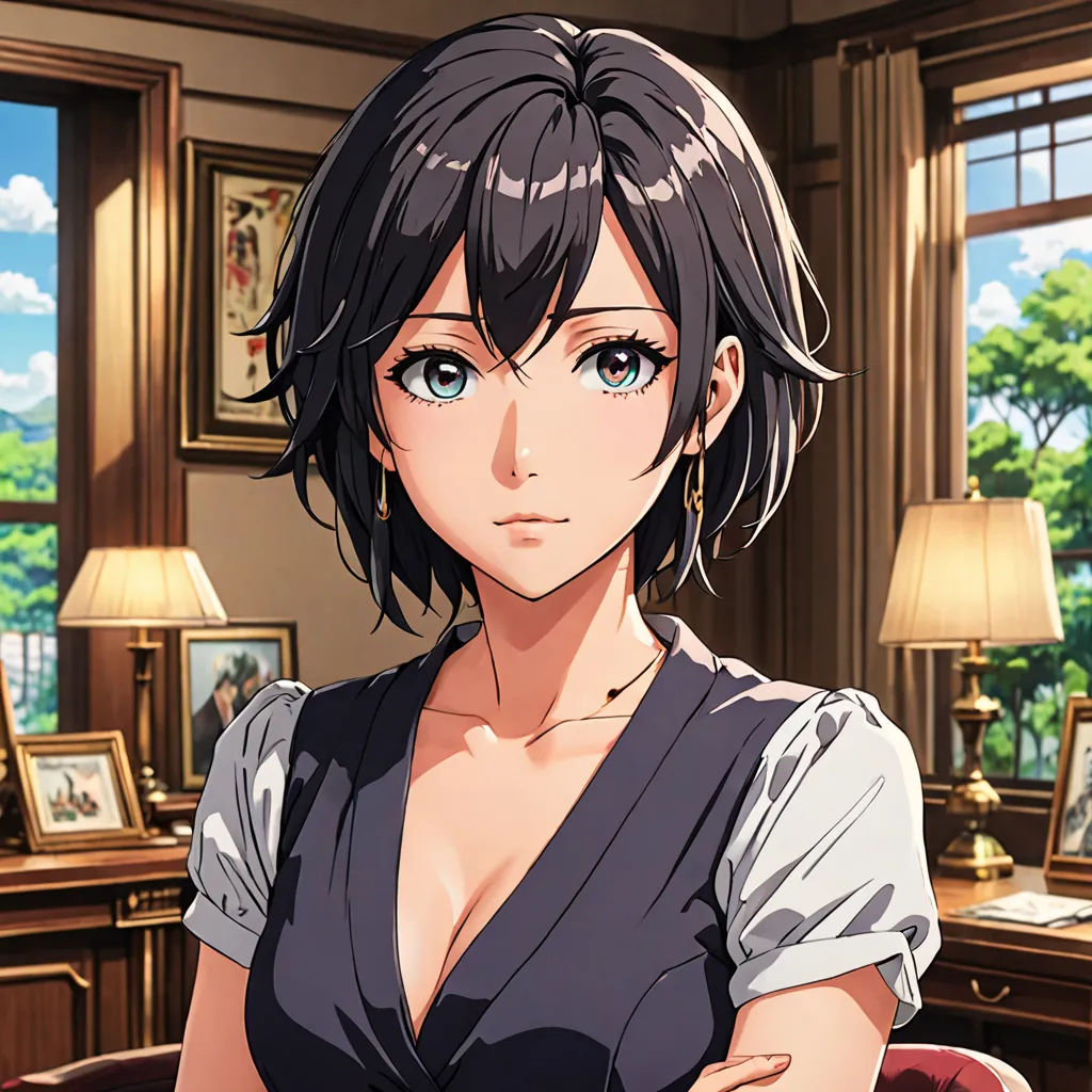a woman in a room with a desk and a lamp on it's side and a window behind her, sots art, a character portrait, Chizuko Yoshida, official art