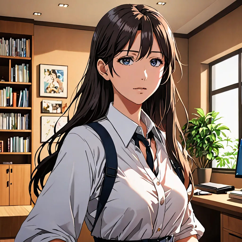a woman in a shirt and tie standing in front of a computer screen in a room with a plant, remodernism, a character portrait, Aguri Uchida, official art