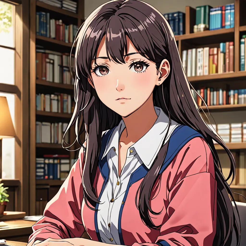 a woman sitting at a desk in front of a book shelf with a laptop computer on it and a lamp, sots art, a character portrait, Chizuko Yoshida, official art