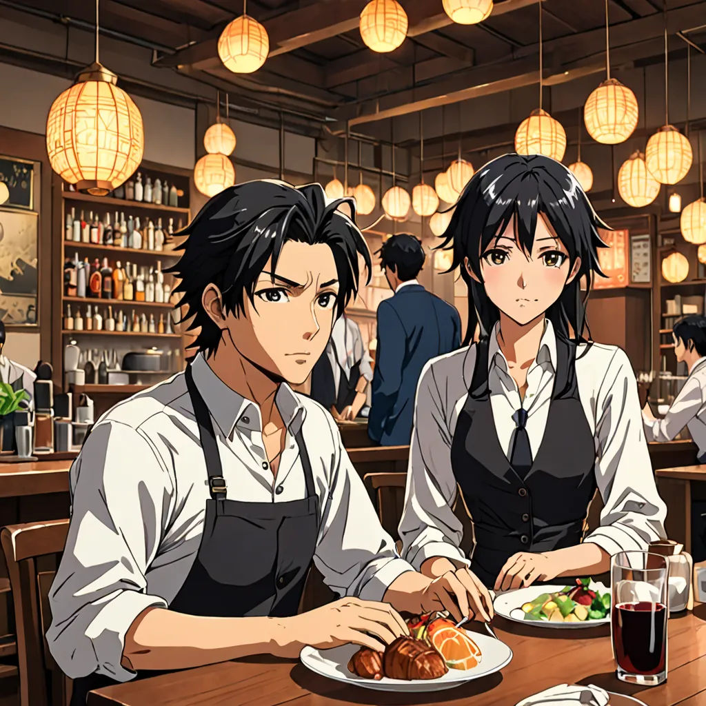 a couple of people sitting at a table with food in front of them and a glass of wine in front of them, remodernism, concept art, Aya Goda, official art