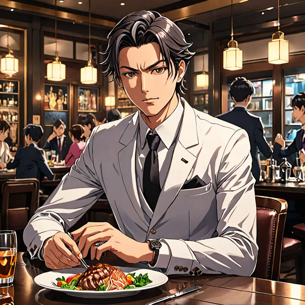 a man in a suit is eating a meal at a restaurant with a glass of wine and a glass of wine, remodernism, a stock photo, Eizan Kikukawa, official art