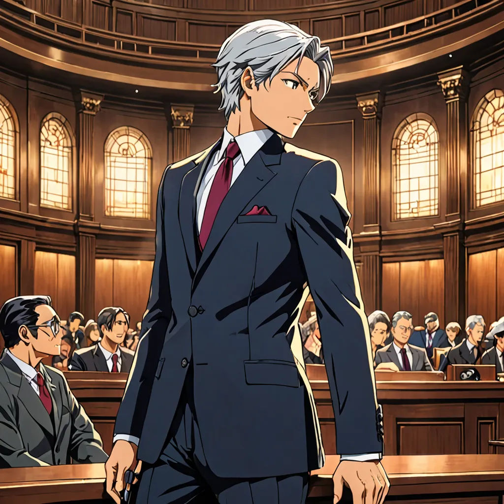 a man in a suit standing in front of a courtroom full of people in suits and ties, with a microphone in his hand, neoclassicism, an album cover, Eizan Kikukawa, official art