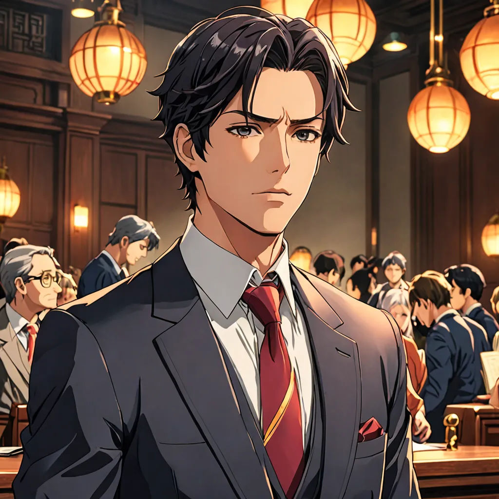 a man in a suit and tie standing in front of a crowd of people in a courtroom with lights on, remodernism, a character portrait, Chen Hongshou, official art