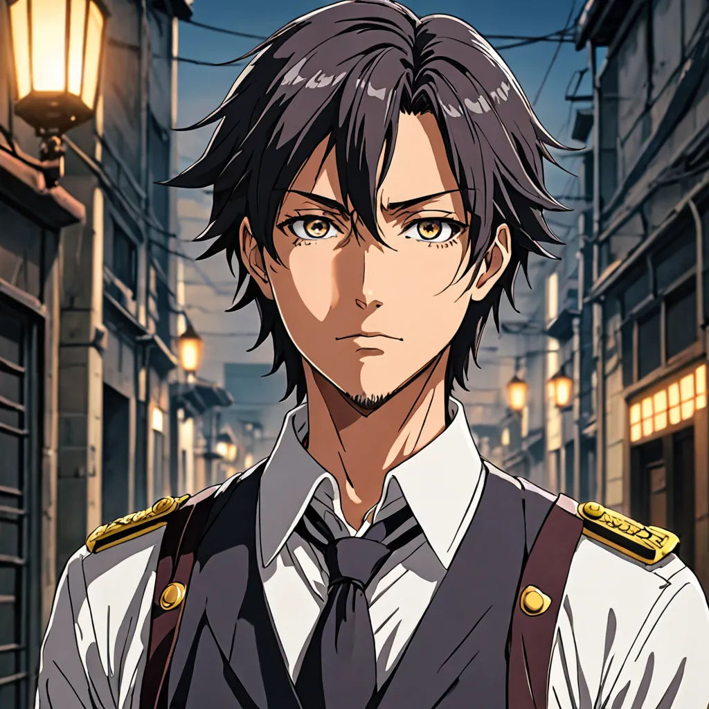 a man in a uniform standing in a street at night with a lamp on the side of the street, aestheticism, a character portrait, Aguri Uchida, official art