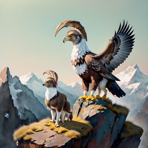 a bird with a large beak standing on a rock with a goat in the background and mountains in the background