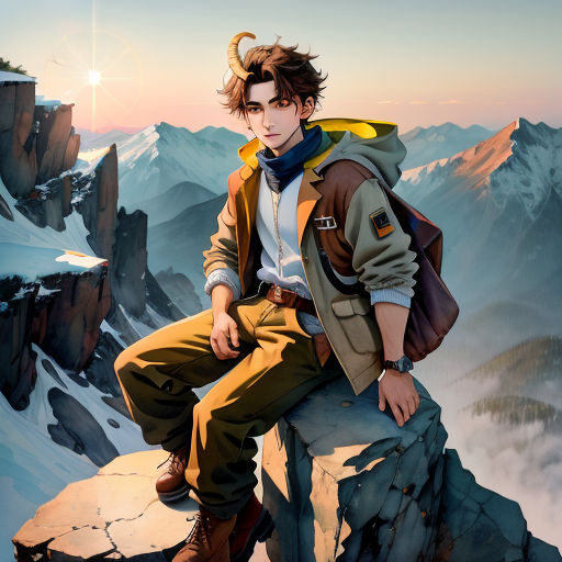 a man sitting on a rock with a mountain in the background and a sun shining on him and his hair in the wind