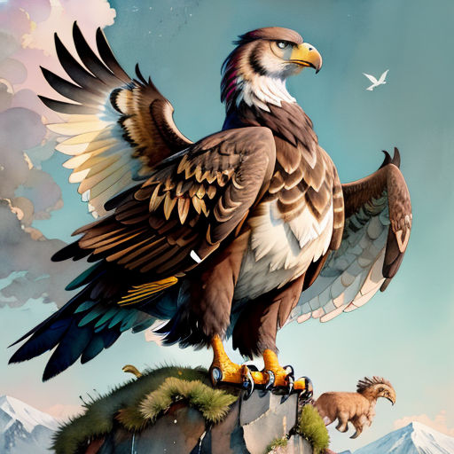 a painting of a bird sitting on a rock with a bird flying above it and a bird flying above it
