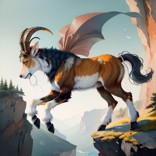 a painting of a goat with horns and wings flying over a cliff side with a mountain in the background