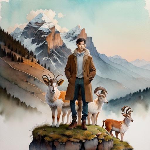 a man standing on a cliff with two goats and a mountain in the background with a sky background and clouds