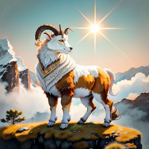 a painting of a mountain goat with a scarf on it's head and a mountain range in the background