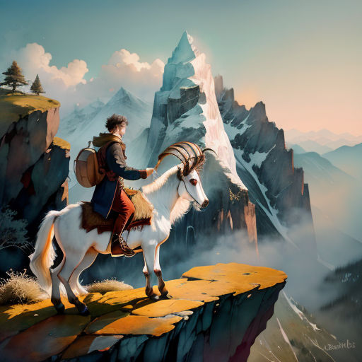 a man riding a white horse on top of a mountain next to a forest filled with trees and snow