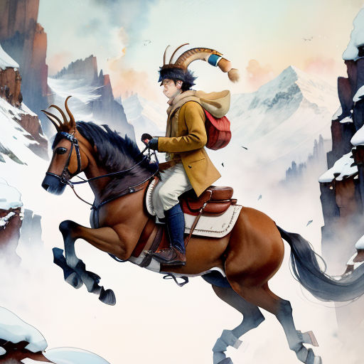a painting of a man riding a horse in the snow with a mountain in the background and a sky with clouds