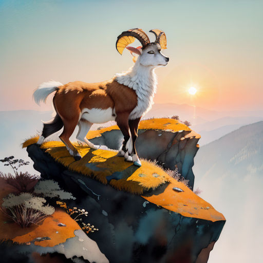 a goat standing on a cliff with a mountain in the background and the sun shining through the clouds behind it