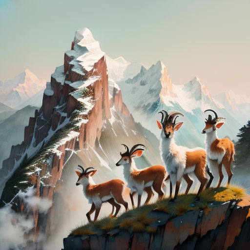 a painting of a group of goats standing on a mountain top with mountains in the background and snow capped peaks in the distance