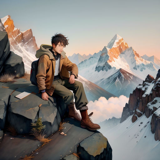 a man sitting on a rock in the mountains with a view of the mountains and the sky behind him