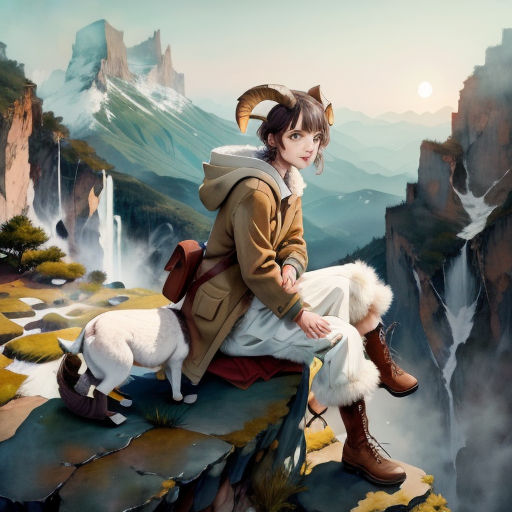 a painting of a girl sitting on a cliff with a goat and mountain in the background, with a full moon in the sky