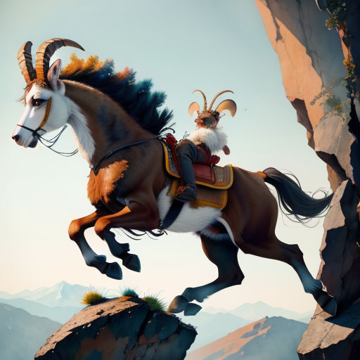 a painting of a goat riding a horse over a cliff side with mountains in the background and a sky background