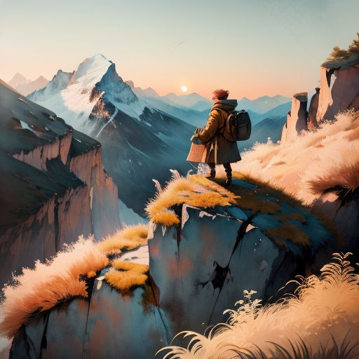 a man standing on a cliff overlooking a mountain range with a backpack on his back and a full moon in the sky