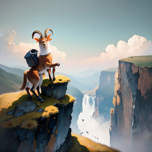 a goat standing on a cliff with a backpack on its back and a waterfall in the background, with a waterfall in the foreground