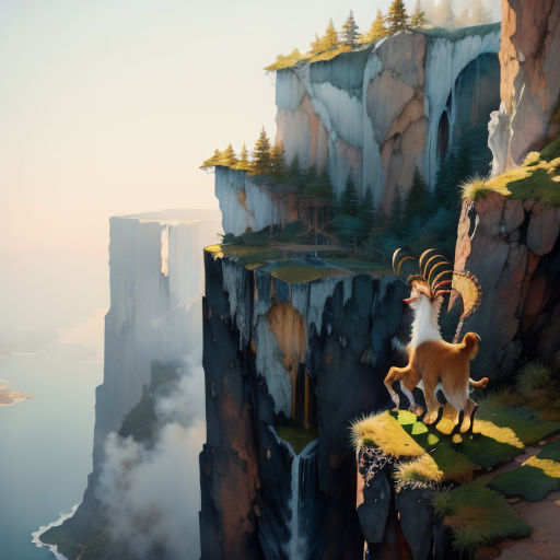 a goat and a ram standing on a cliff above a lake and mountains with fog in the air and fog in the air