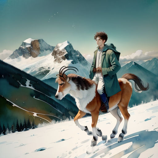 a man riding a horse in the snow with a mountain in the background and a mountain range in the background