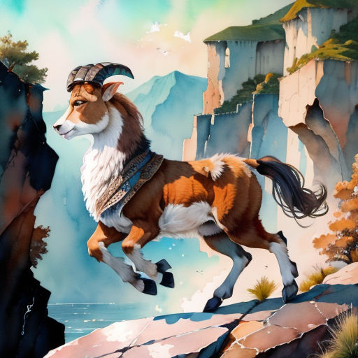 a painting of a goat jumping over a cliff into the water with a mountain in the background and a bird flying over the cliff
