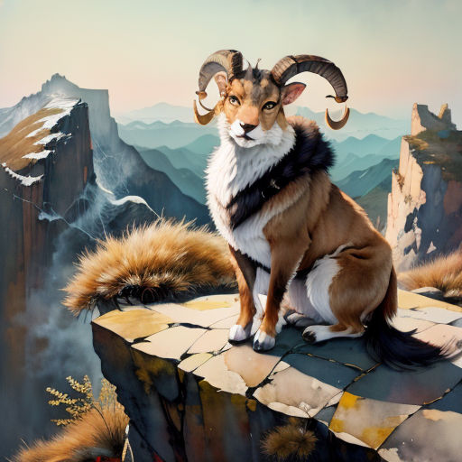 a painting of a mountain goat sitting on a rock ledge with mountains in the background and a sky background