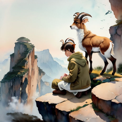 a painting of a man sitting on a cliff with a goat on his head and another man standing on the cliff