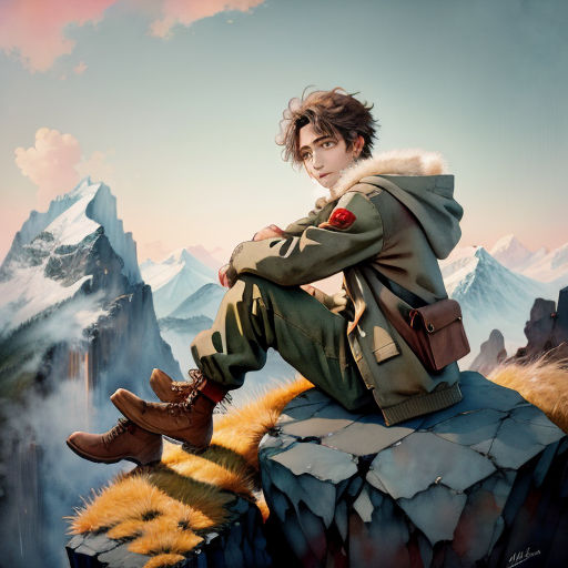 a painting of a man sitting on a rock with a mountain in the background and clouds in the sky