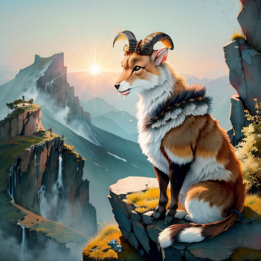 a painting of a fox sitting on a rock in the mountains with a mountain range in the background and a sun shining