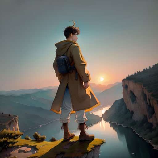 a man standing on a cliff overlooking a lake and mountains at sunset with a backpack on his back and a backpack on his shoulder