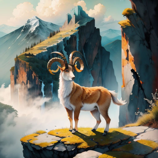 a goat standing on a cliff with mountains in the background and clouds in the sky above it, with a mountain range in the background