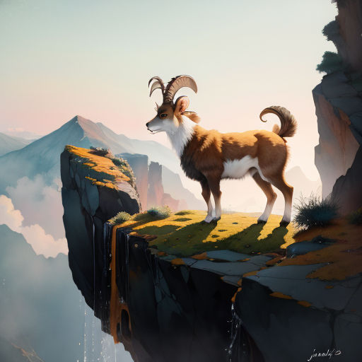 a goat standing on a cliff with a waterfall in the background and mountains in the background, with a waterfall running down the cliff