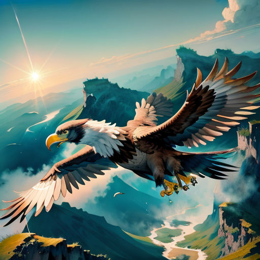 a painting of an eagle flying over a mountain range with a sun in the background and clouds in the sky