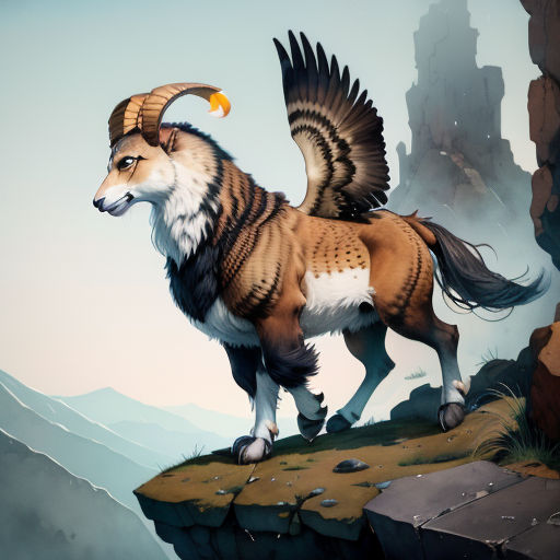 a painting of a horned animal standing on a cliff with a bird on its back and a mountain in the background