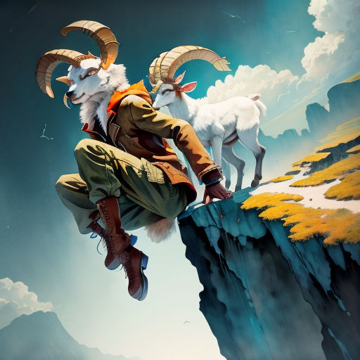 a painting of a man with a goat on his back on a cliff with a mountain in the background
