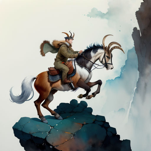a man riding a horse with horns on it's head and a goat on his back, on a rocky cliff