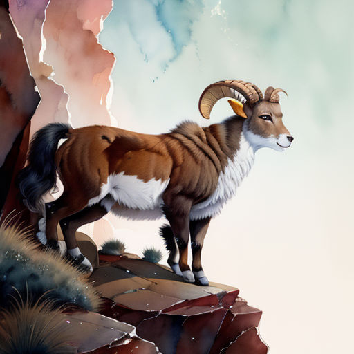 a goat standing on a rocky cliff with a sky background and clouds in the background, with a mountain goat standing on top of a rock