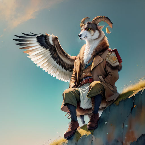 a painting of a man with a goat head and wings on a cliff with a bird on his shoulder