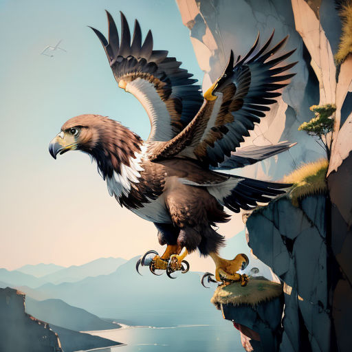 a bird with a large wingspan flying over a cliff side with a body of water in the background and mountains in the foreground