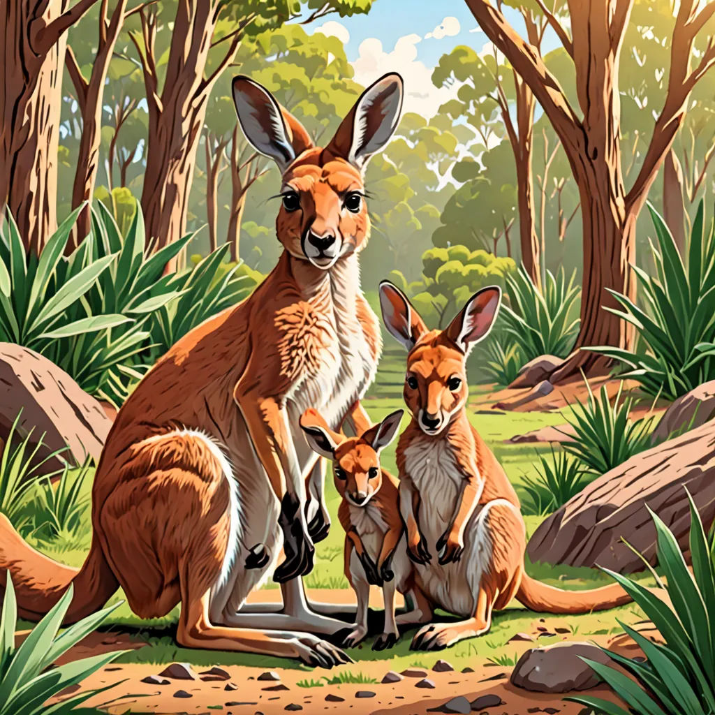 a painting of a kangaroo and her two babies in a forest setting with rocks and grass and trees in the background, australian tonalism, a storybook illustration, Chris LaBrooy, rossdraws global illumination