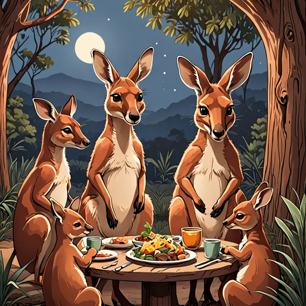 a group of kangaroos sitting around a table eating food in the woods at night time with a full moon in the background, regionalism, a storybook illustration, Chris LaBrooy, trending on furaffinity